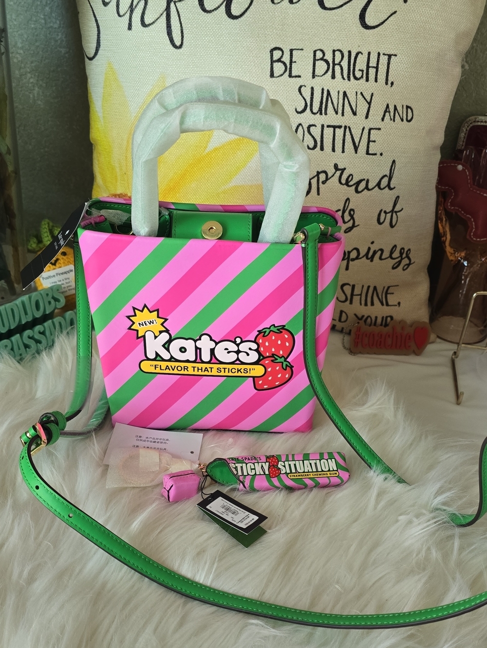 kate spade Pink and Green Diagonal Stripe Crossbody Bag